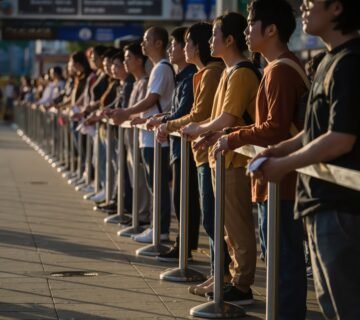 Diverse group people waiting line outdoor event venue 360x320