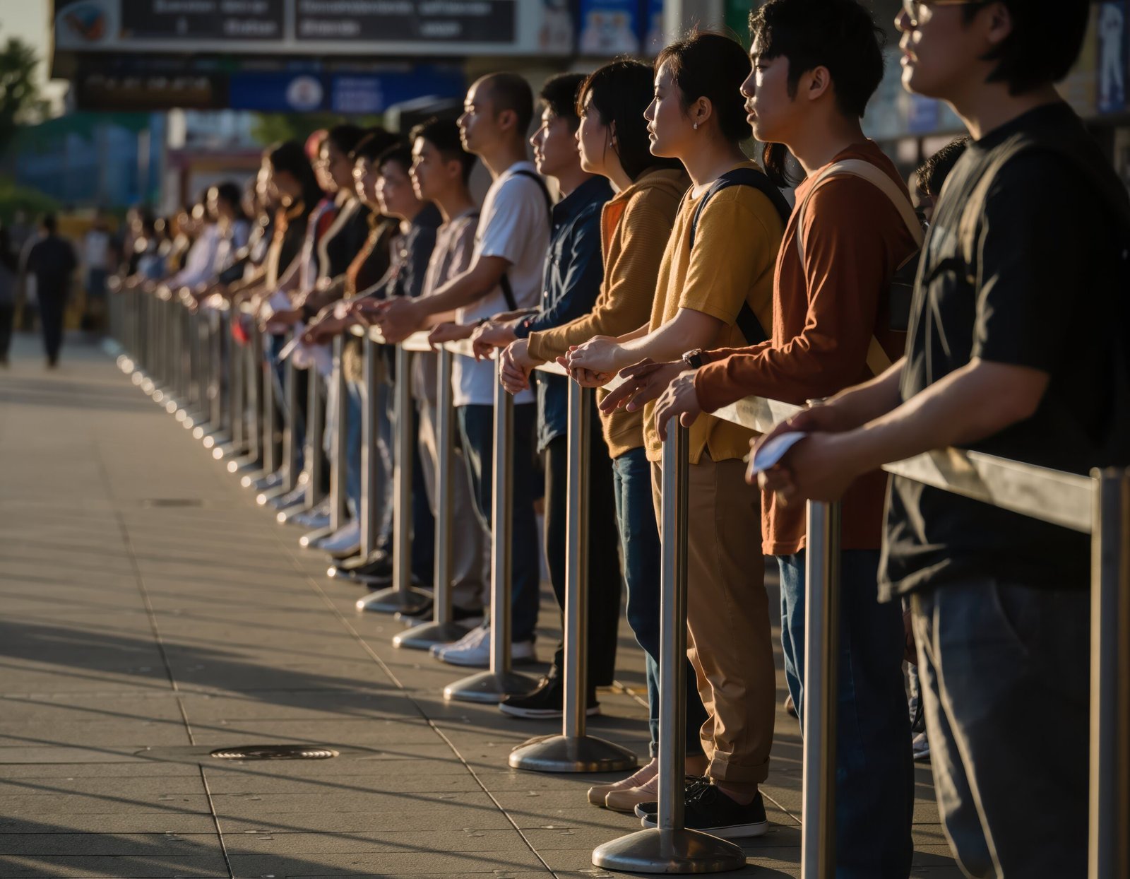 Diverse group people waiting line outdoor event venue scaled
